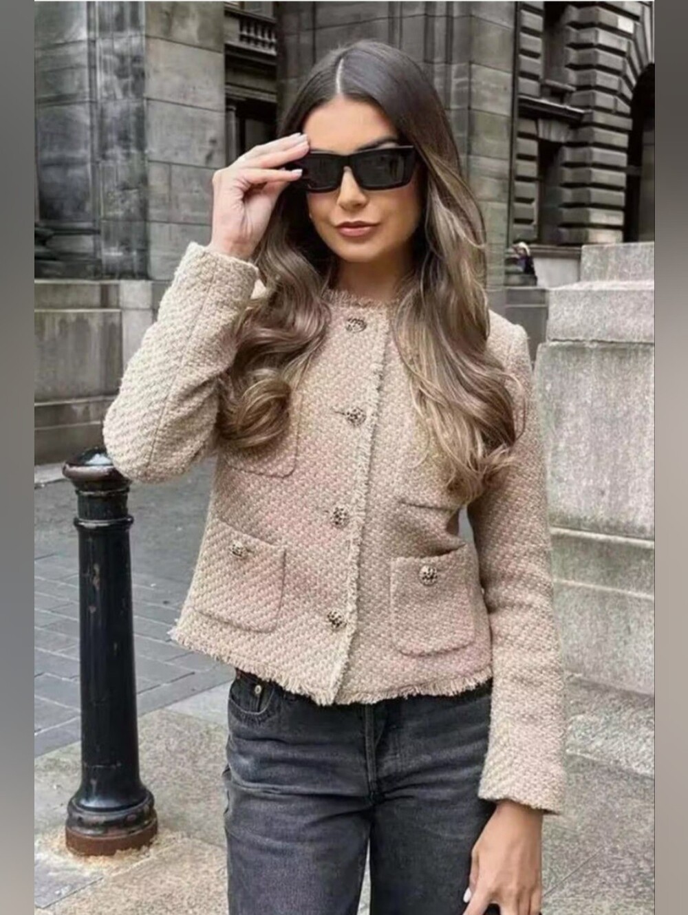 NWOT Textured Fringe Cropped Jacket in Tan